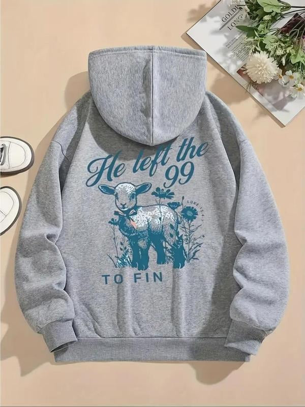 Women's Letter & Animal Print Drop Shoulder Hoodie, Fashion Casual Drawstring Pocket Hooded Sweatshirt for Daily Holiday...