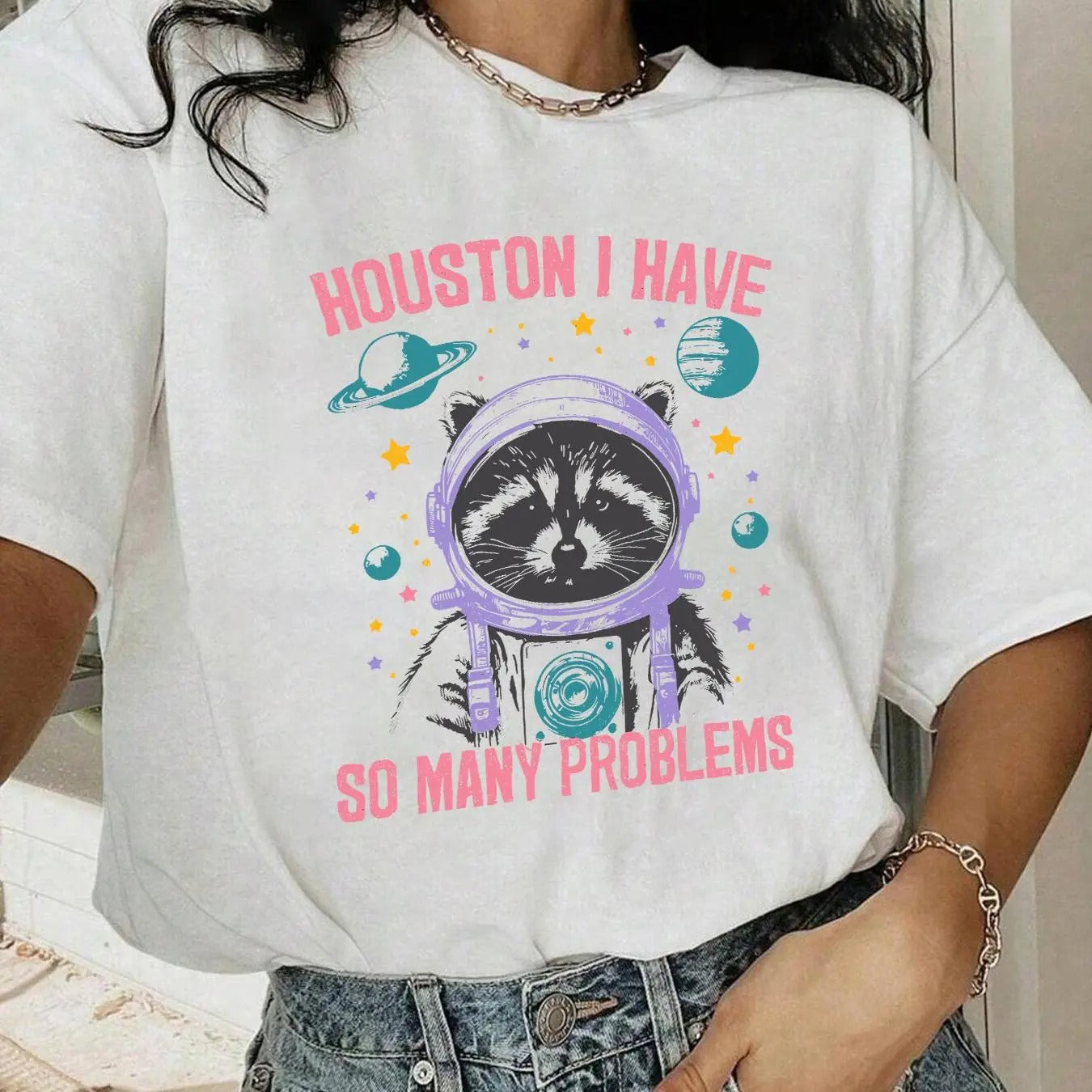 Women's Letter & Astronaut Print Round Neck Tee, Vintage Trendy Casual Short Sleeve T-shirt for Daily Wear, Ladies Summer...