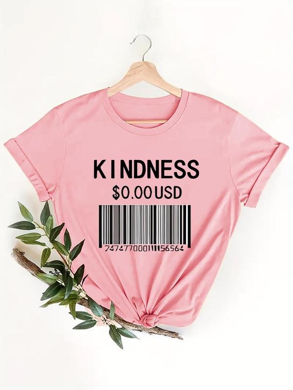 Women's Letter & Barcode Print Short Sleeve Tee, Casual Graphic Round Neck T-shirt for Summer, Fashion Women's Top for...