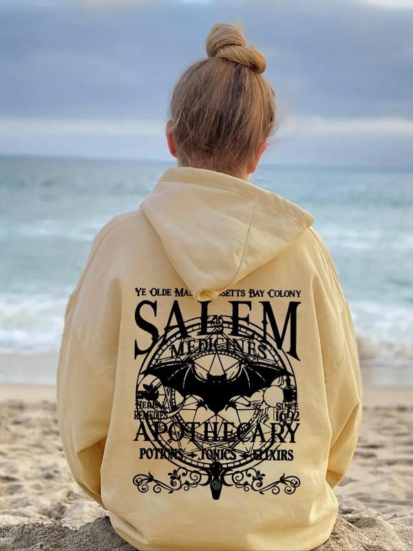 Women's Letter & Bat Print Drop Shoulder Hoodie, Fashion Casual Drawstring Pocket Hooded Sweatshirt for Daily Holiday...