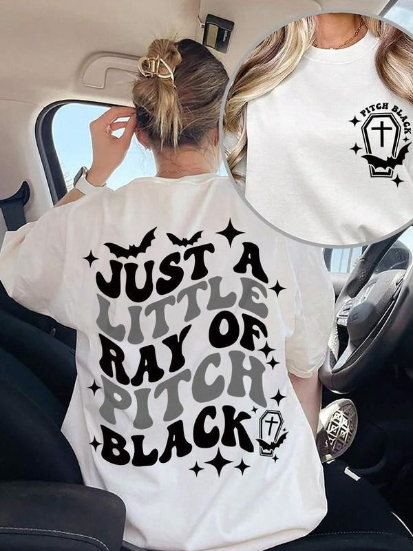 Letter & Bat Print Round Neck Casual Short Sleeve Crew Neck Summer Top Daily T-Shirts, Hoodie, Sweatshirt