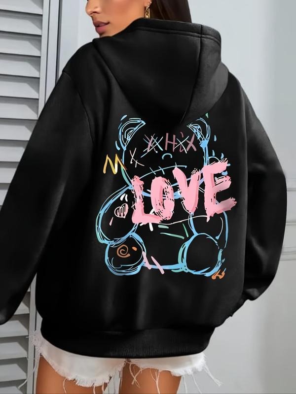 Women's Letter & Bear Print Pocket Hoodie, Fashion Casual Hooded Sweatshirt for Daily Holiday Outdoor Wear, Women...