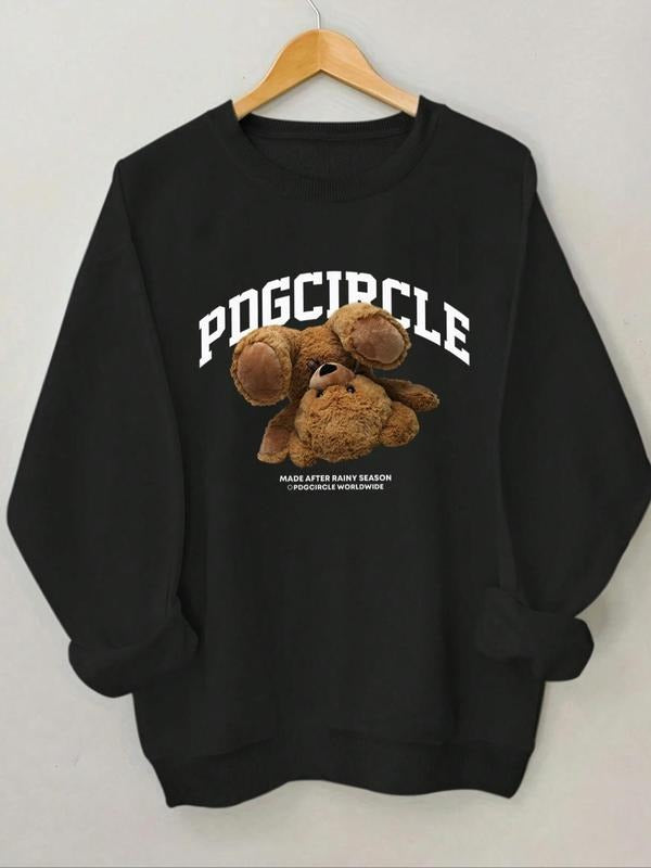 Women's Letter & Bear Print Round Neck Sweatshirt, Casual Long Sleeve Crew Neck Pullover for Spring & Fall, Fashion...