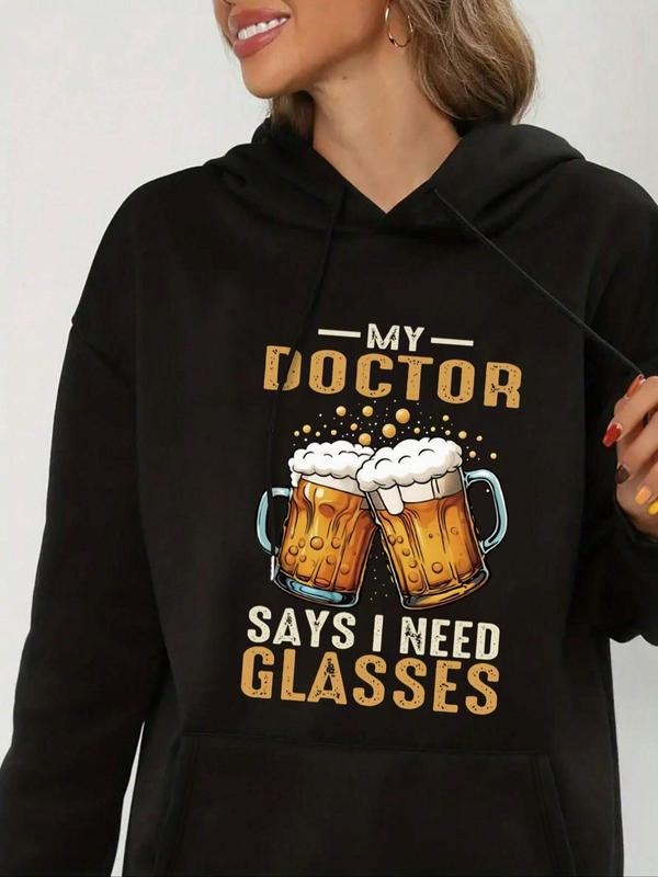 Women's Letter & Beer Print Drop Shoulder Hoodie, Fashion Casual Drawstring Pocket Hooded Sweatshirt for Daily Holiday...