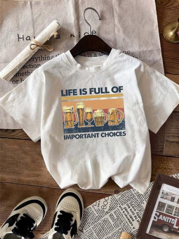 Women's Letter & Beer Print Round Neck Tee, Casual Short Sleeve Crew Neck T-Shirt, Women's Top for Daily Wear Hoodie,...