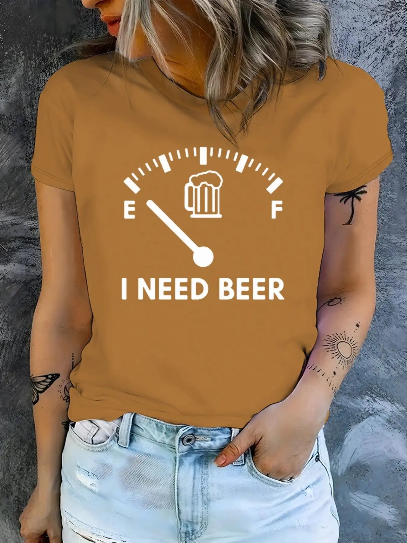 Women's Letter & Beer Print Round Neck Tee, Casual Short Sleeve Graphic T-shirt for Daily Wear, Ladies Clothes for All...