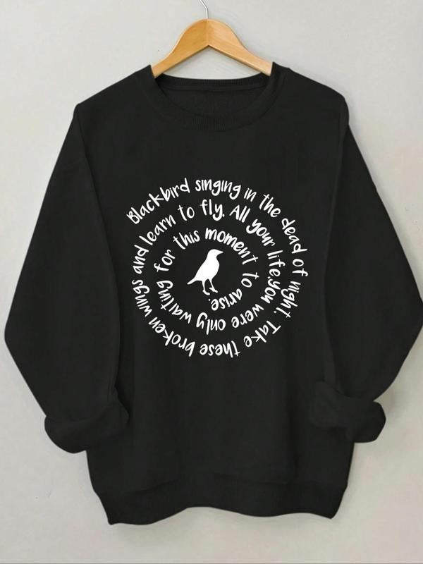 Women's Letter & Bird Print Round Neck Sweatshirt, Casual Long Sleeve Crew Neck Pullover for Spring & Fall, Fashion...