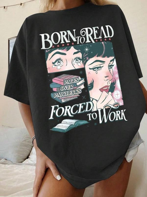 Women's Letter & Book & Girl Print Round Neck Graphic Tee, Vintage Trendy Casual Drop Shoulder Short Sleeve T-shirt for...