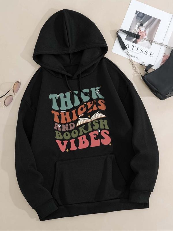 Women's Letter & Book Print Drop Shoulder Hoodie, Fashion Casual Drawstring Pocket Hooded Sweatshirt for Daily Holiday...