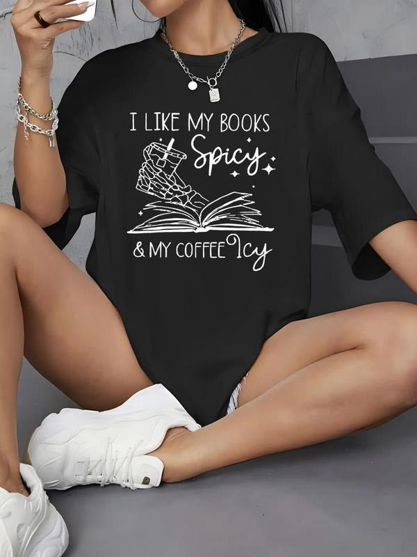 Women's Letter & Book Print Drop Shoulder Tee, Fashion Casual Crew Neck Half Sleeve T-Shirt for Daily Holiday Vacation...