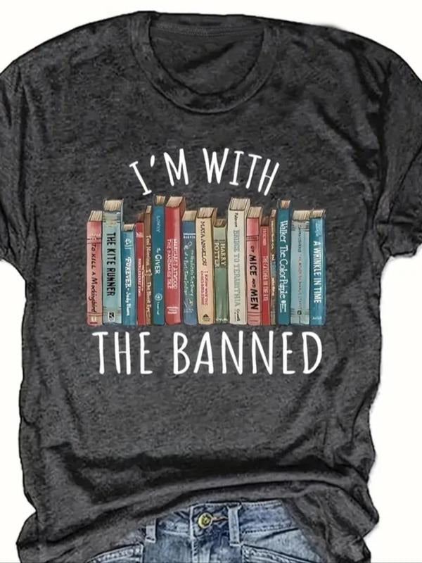 Women's Letter & Book Print Round Neck Tee, Trendy Casual Short Sleeve T-shirt for Daily Wear, Ladies Summer Outfit...