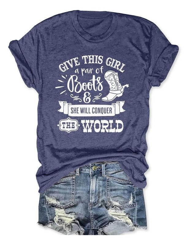 Women's Letter & Boot Print Round Neck Tee, Casual Short Sleeve T-shirt, Ladies All Seasons Outfit for Daily Wear Hoodie,...
