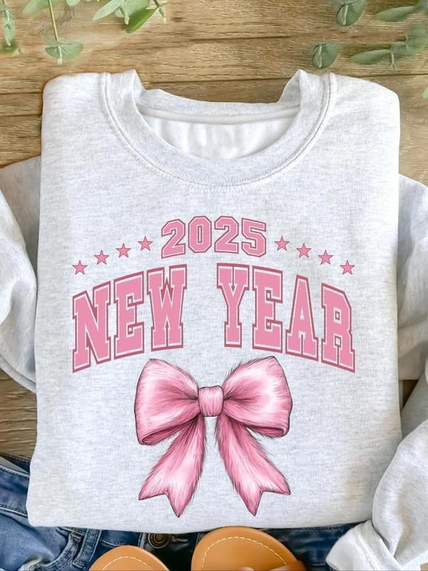 Women's Letter & Bow Print Crew Neck Thermal Lined Pullover, Casual Long Sleeve Sweatshirt for Daily Wear, Ladies Clothes...