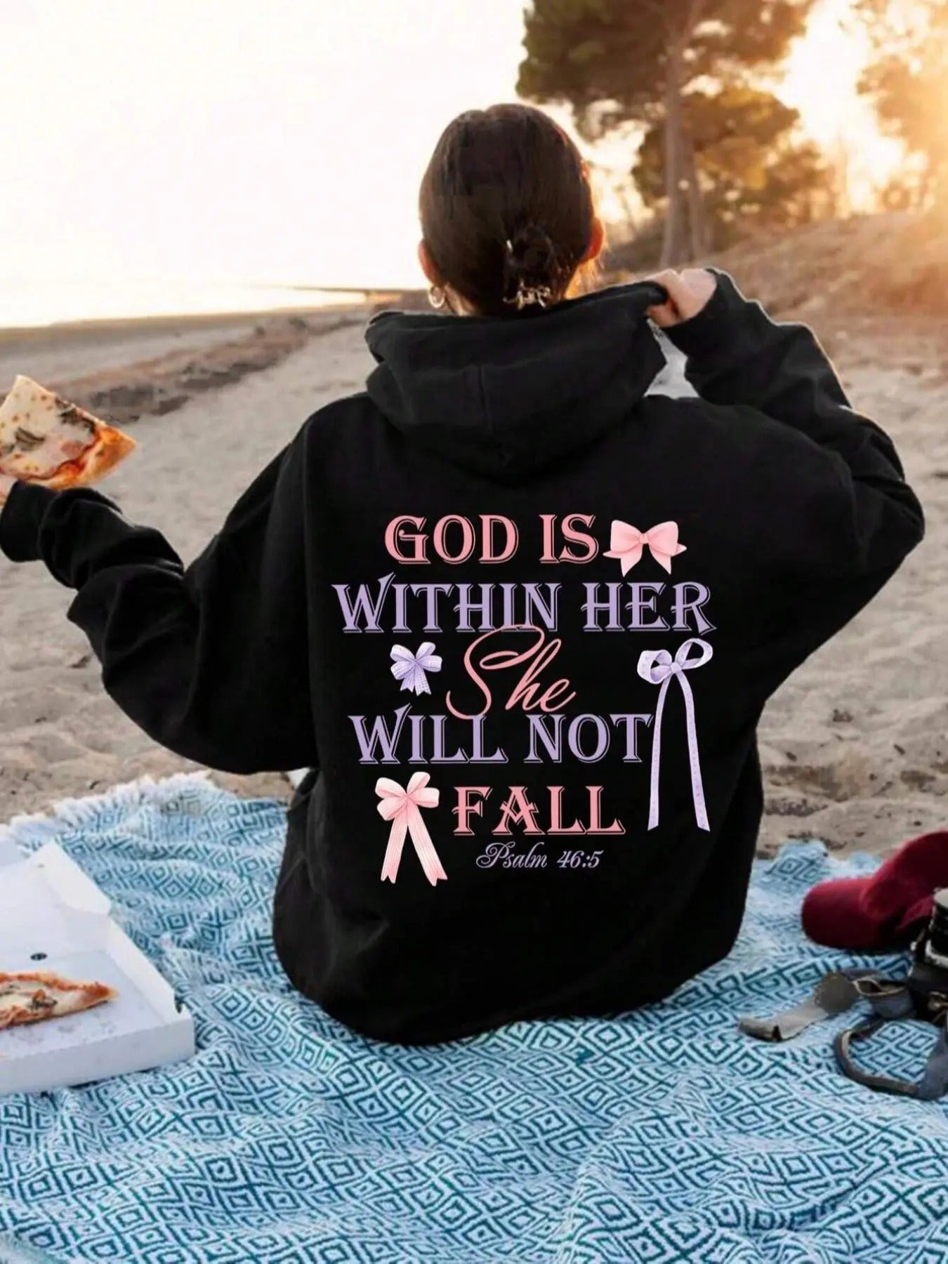 Letter & Bow Print Drop Shoulder Casual Drawstring Pocket Hooded Daily Outdoor Clothes Fall & Winter T-Shirts, Hoodie, Sweatshirt