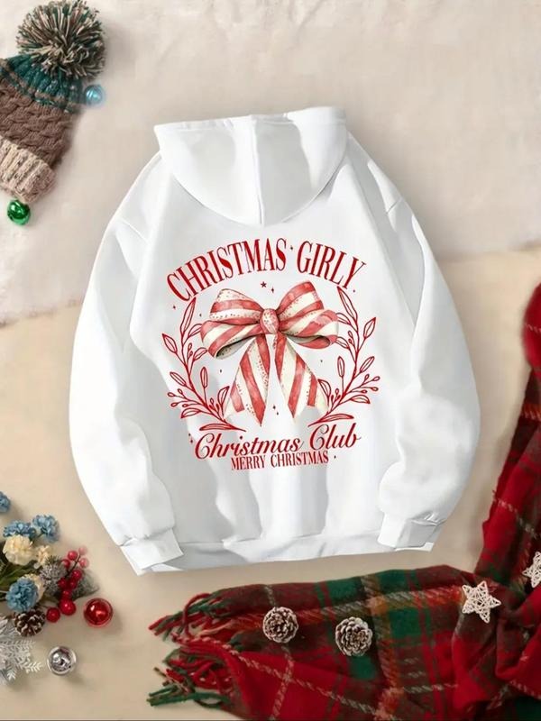 Women's Letter & Bow Print Drop Shoulder Hoodie, Fashion Casual Drawstring Pocket Hooded Sweatshirt for Daily Holiday...