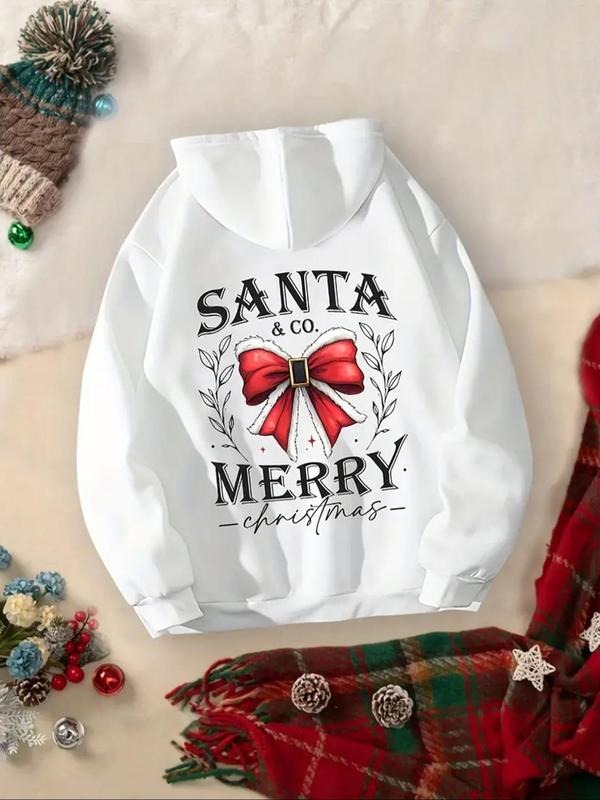 Women's Letter & Bow Print Drop Shoulder Hoodie, Fashion Casual Drawstring Pocket Hooded Sweatshirt for Daily Holiday...