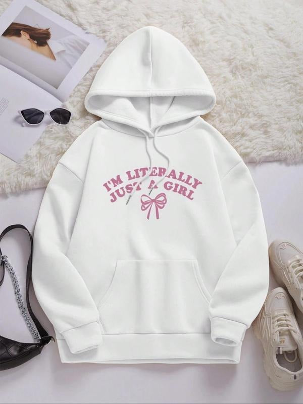 Women's Letter & Bow Print Drop Shoulder Hoodie, Fashion Casual Drawstring Pocket Hooded Sweatshirt for Daily Holiday...