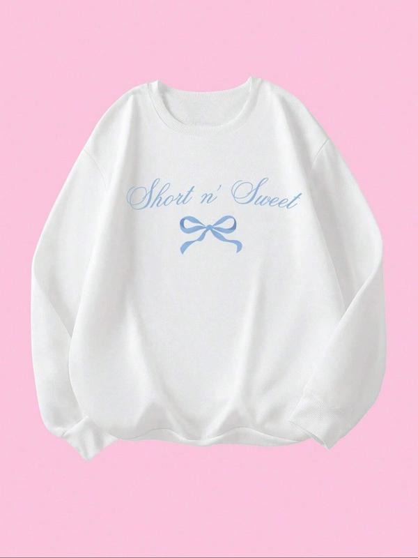 Women's Letter & Bow Print Drop Shoulder Pullover, Casual Long Sleeve Crew Neck Sweatshirt for Spring & Fall, Fashion...