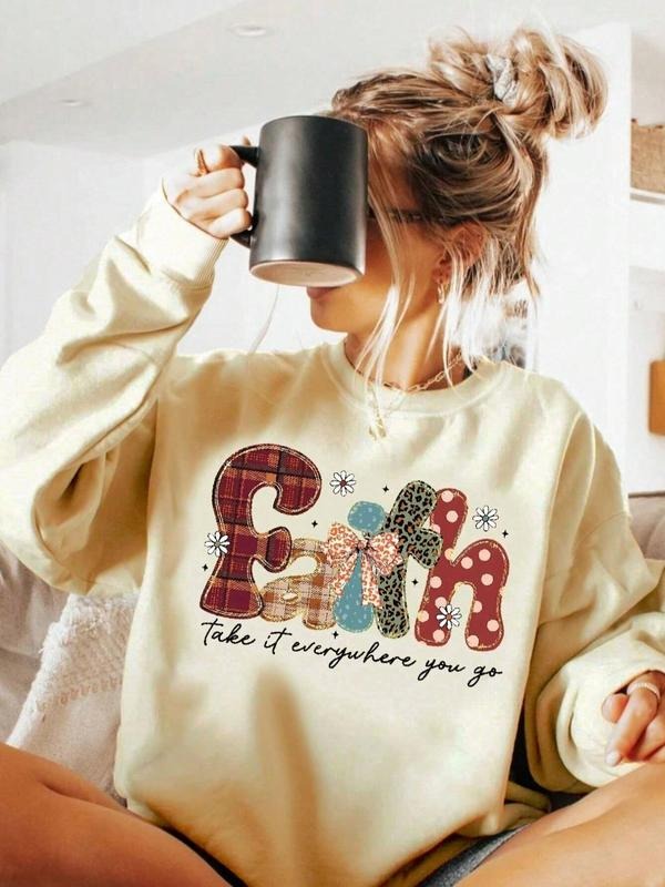 Women's Letter & Bow Print Drop Shoulder Sweatshirt, Casual Long Sleeve Round Neck Pullover for Fall & Winter, Women's...