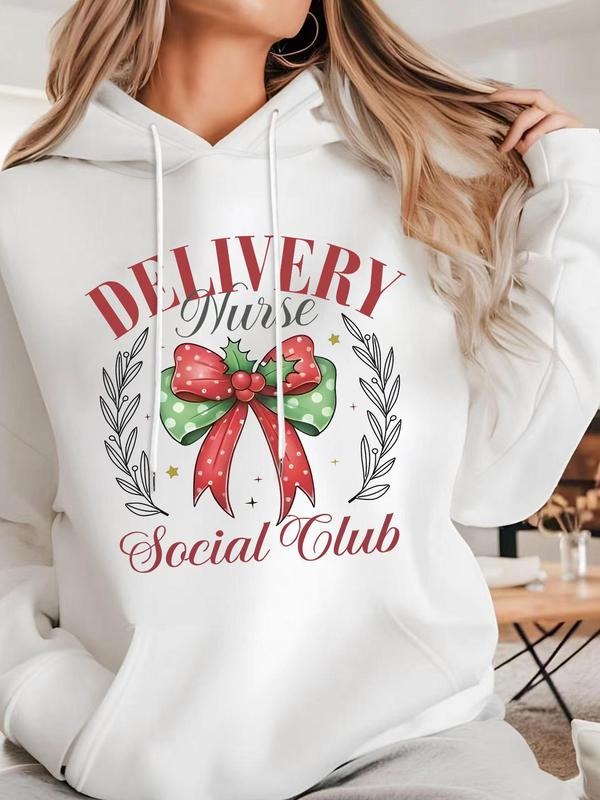Women's Letter & Bow Print Pocket Hoodie, Casual Long Sleeve Hooded Sweatshirt for Spring & Fall, Fashion Ladies' Top for...