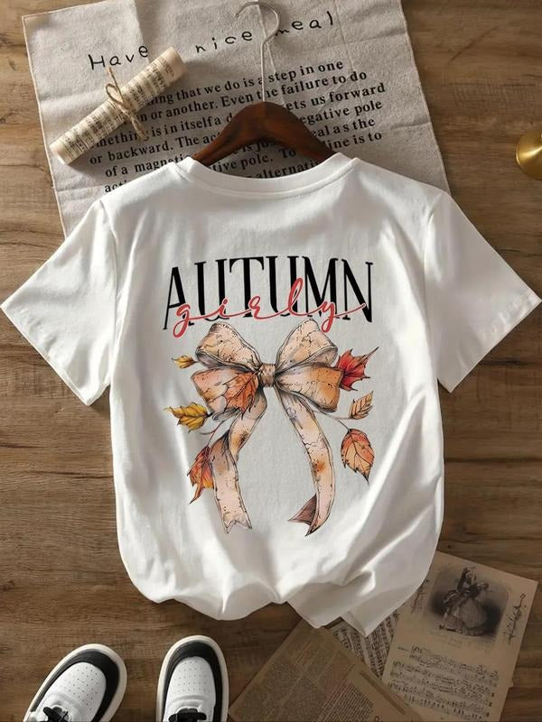 Women's Letter & Bow Print Round Neck Graphic Tee, Vintage Trendy Casual Short Sleeve T-shirt for Daily Wear, Ladies...
