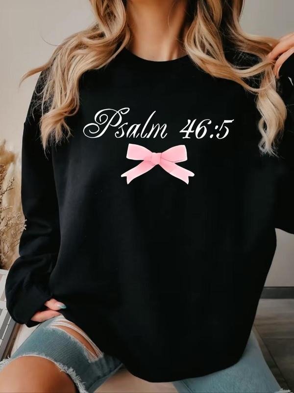 Women's Letter & Bow Print Round Neck Sweatshirt, Casual Long Sleeve Crew Neck Pullover for Fall & Winter, Fashion...