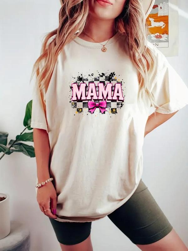 Women's Letter & Bow Print Round Neck Tee, Casual Short Sleeve Crew Neck T-shirt for Daily Wear, Ladies Clothes for All...