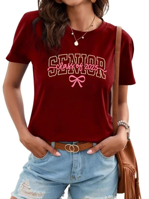 Women's Letter & Bow Print Round Neck Tee, Casual Short Sleeve Crew Neck T-shirt for Summer, Fashion Women's Top for...