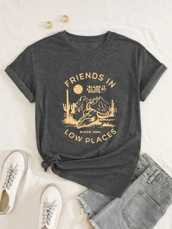 Women's Letter & Bull Head & Cactus Print Round Neck Tee, Casual Short Sleeve Crew Neck T-shirt for Daily Wear, Women...