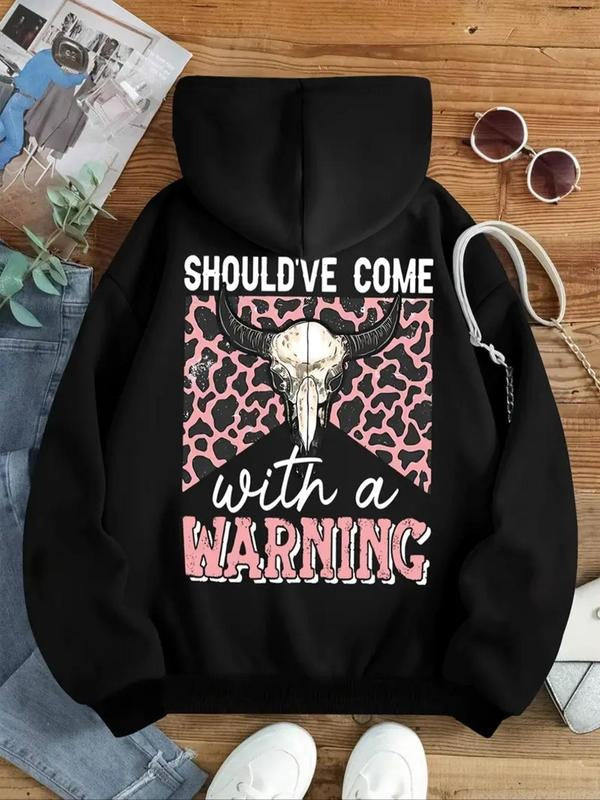 Women's Letter & Bull Head Print Drop Shoulder Hoodie, Fashion Casual Drawstring Pocket Hooded Sweatshirt for Daily...