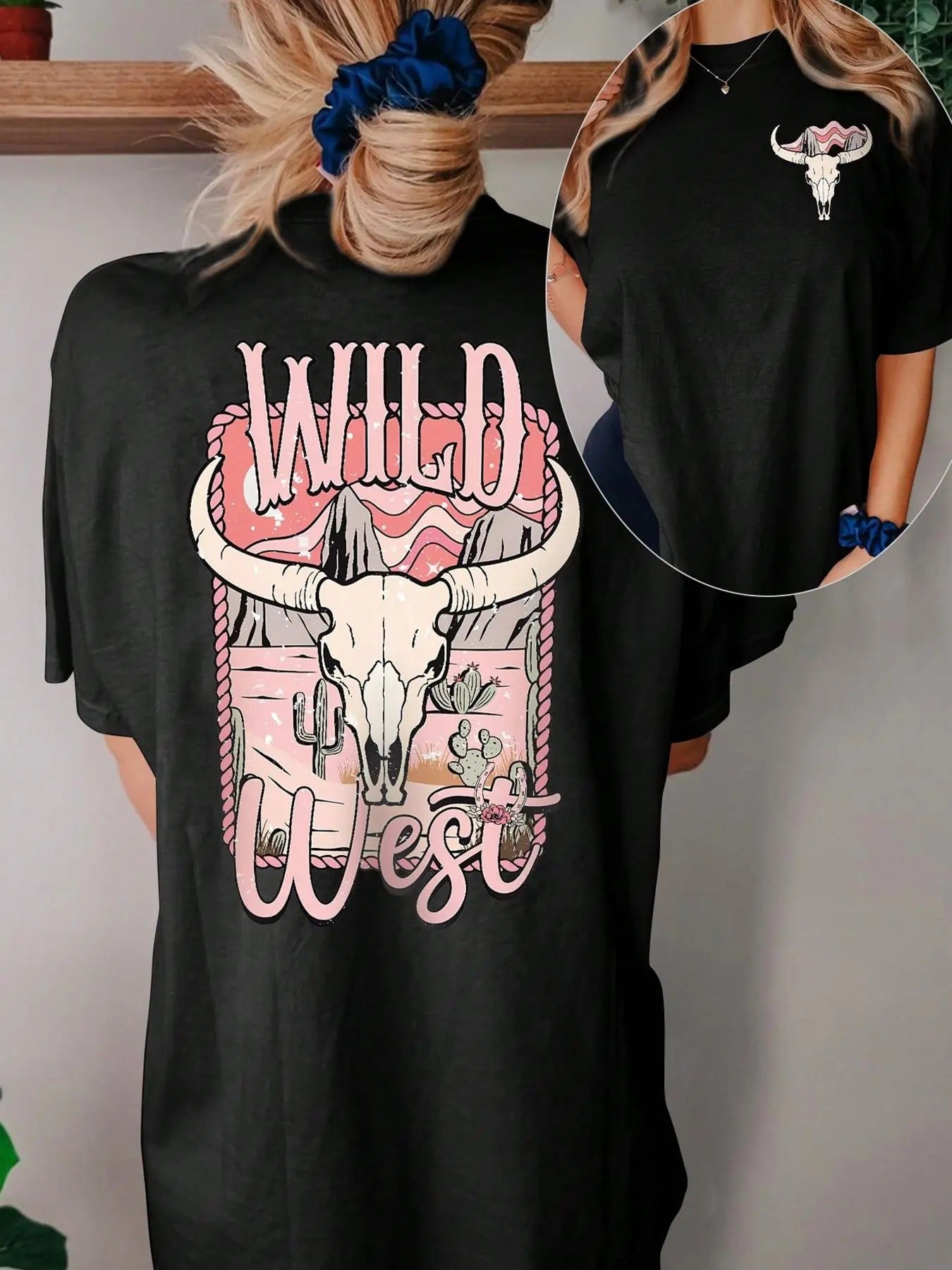 Women's Letter & Bull Head Print Drop Shoulder Tee, Casual Half Sleeve Round Neck T-Shirt for Summer, Women's Top for...