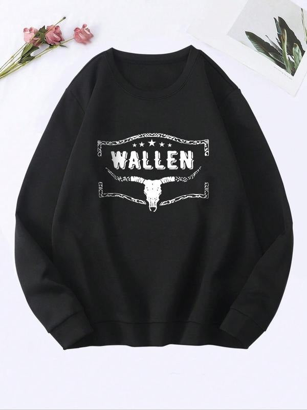 Women's Letter & Bull Print Round Neck Sweatshirt, Casual Long Sleeve Crew Neck Pullover Top for Fall & Winter, Lady's...