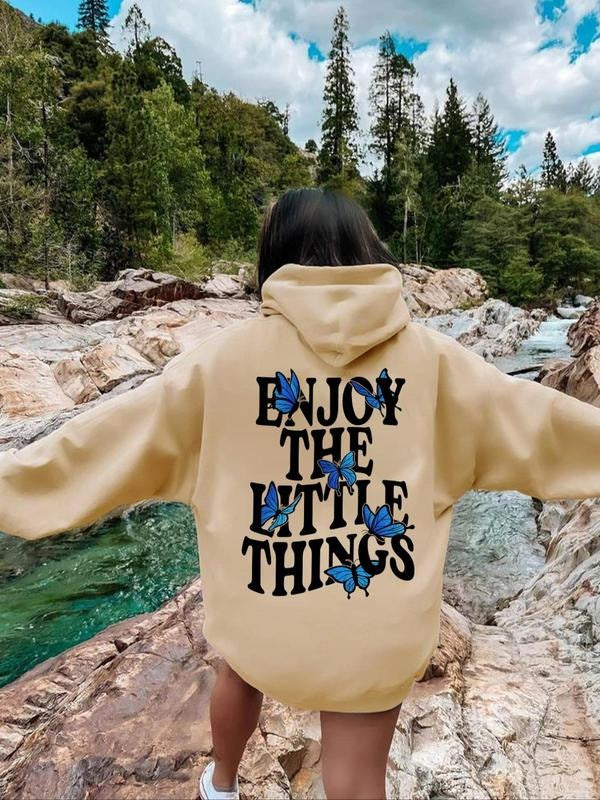 Women's Letter & Butterfly Print Drawstring Pocket Hoodie, Casual Drop Shoulder Long Sleeve Hooded Sweatshirt, Lady Fall...