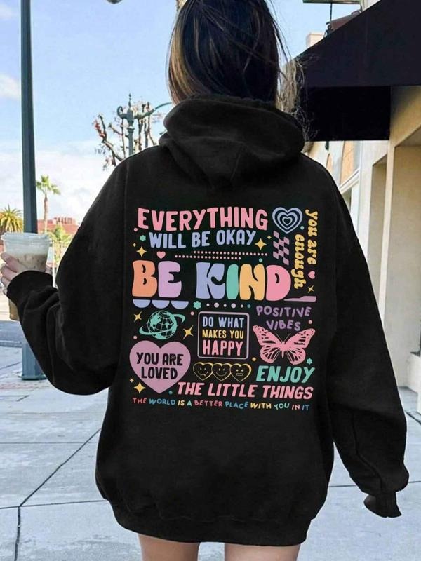 Women's Letter & Butterfly Print Drop Shoulder Hoodie, Fashion Casual Drawstring Pocket Hooded Sweatshirt for Daily...