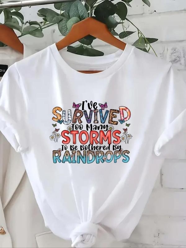 Women's Letter & Butterfly Print Round Neck Tee, Casual Floral Print Short Sleeve T-shirt, Ladies Summer Outfit for Daily...