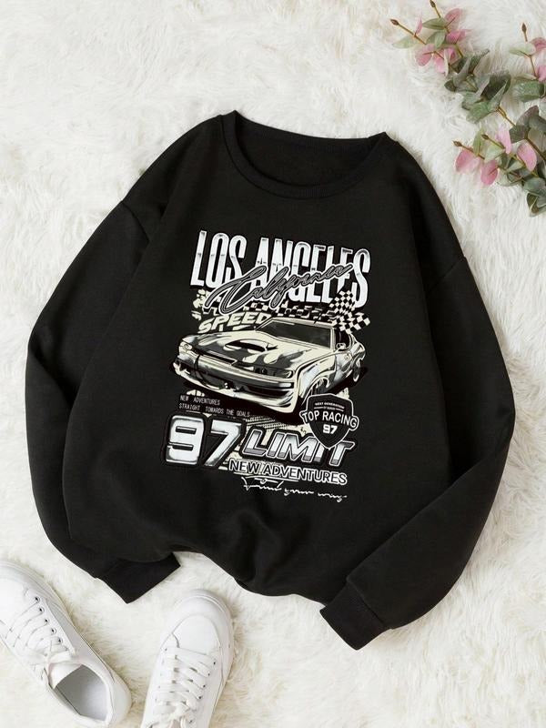 Women's Letter & Car Print Crewneck Drop Shoulder Pullover, Lady Fashion Casual Long Sleeve Crew Neck Sweatshirt for...