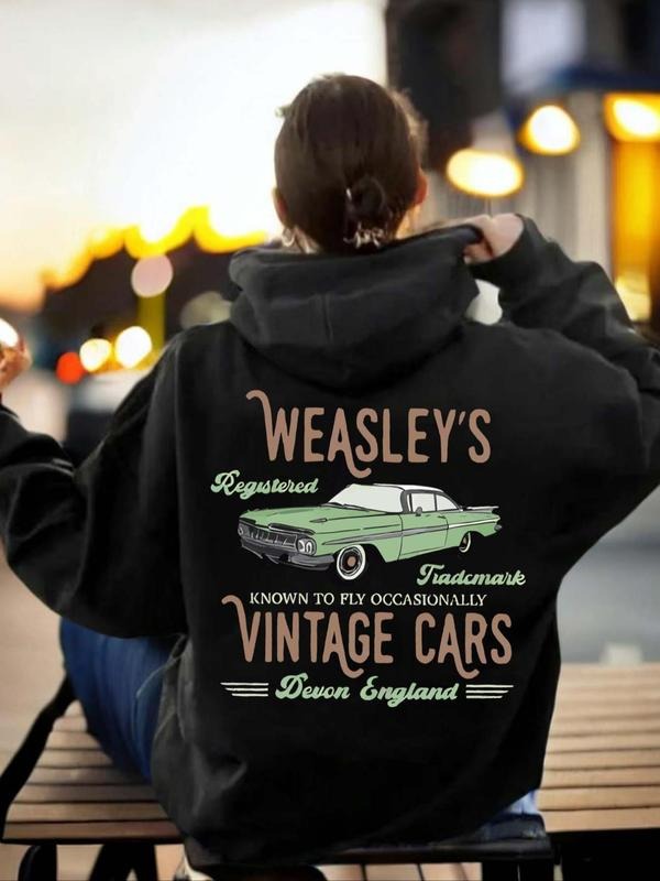 Women's Letter & Car Print Drop Shoulder Hoodie, Casual  Drawstring Kangaroo Pocket Hooded Sweatshirt for Fall & Winter,...