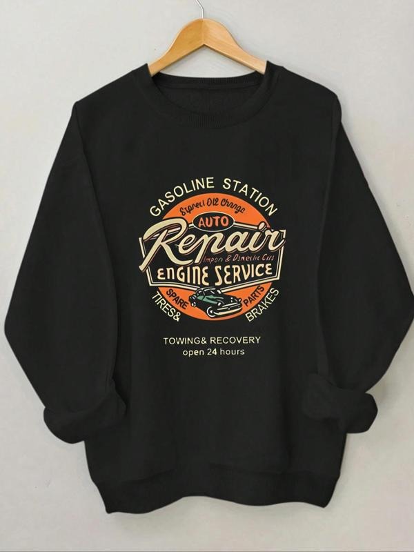 Women's Letter & Car Print Round Neck Sweatshirt, Casual Long Sleeve Crew Neck Pullover for Spring & Fall, Fashion...