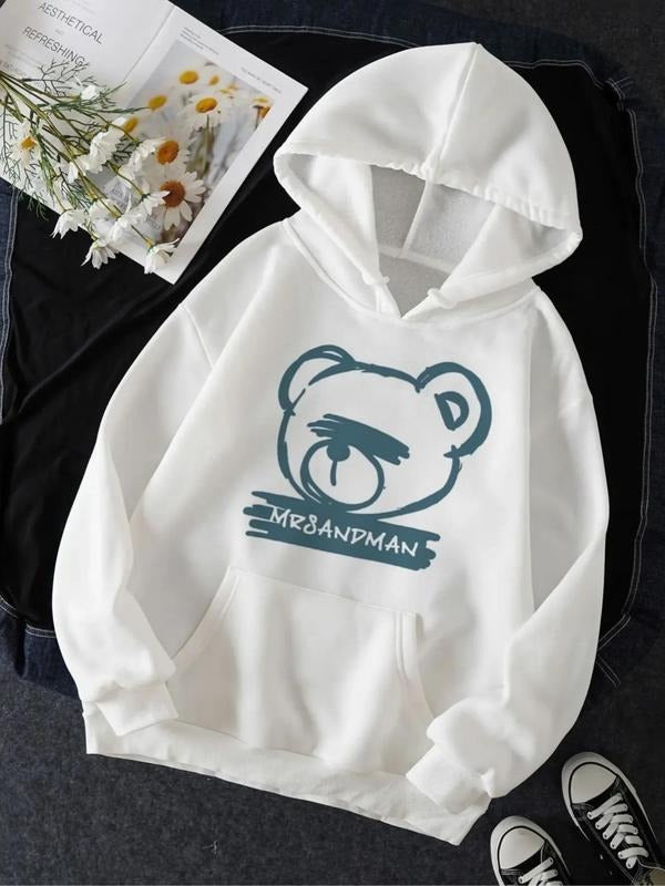 Women's Letter & Cartoon Bear Print Drop Shoulder Hoodie, Fashion Casual Drawstring Pocket Hooded Sweatshirt for Daily...