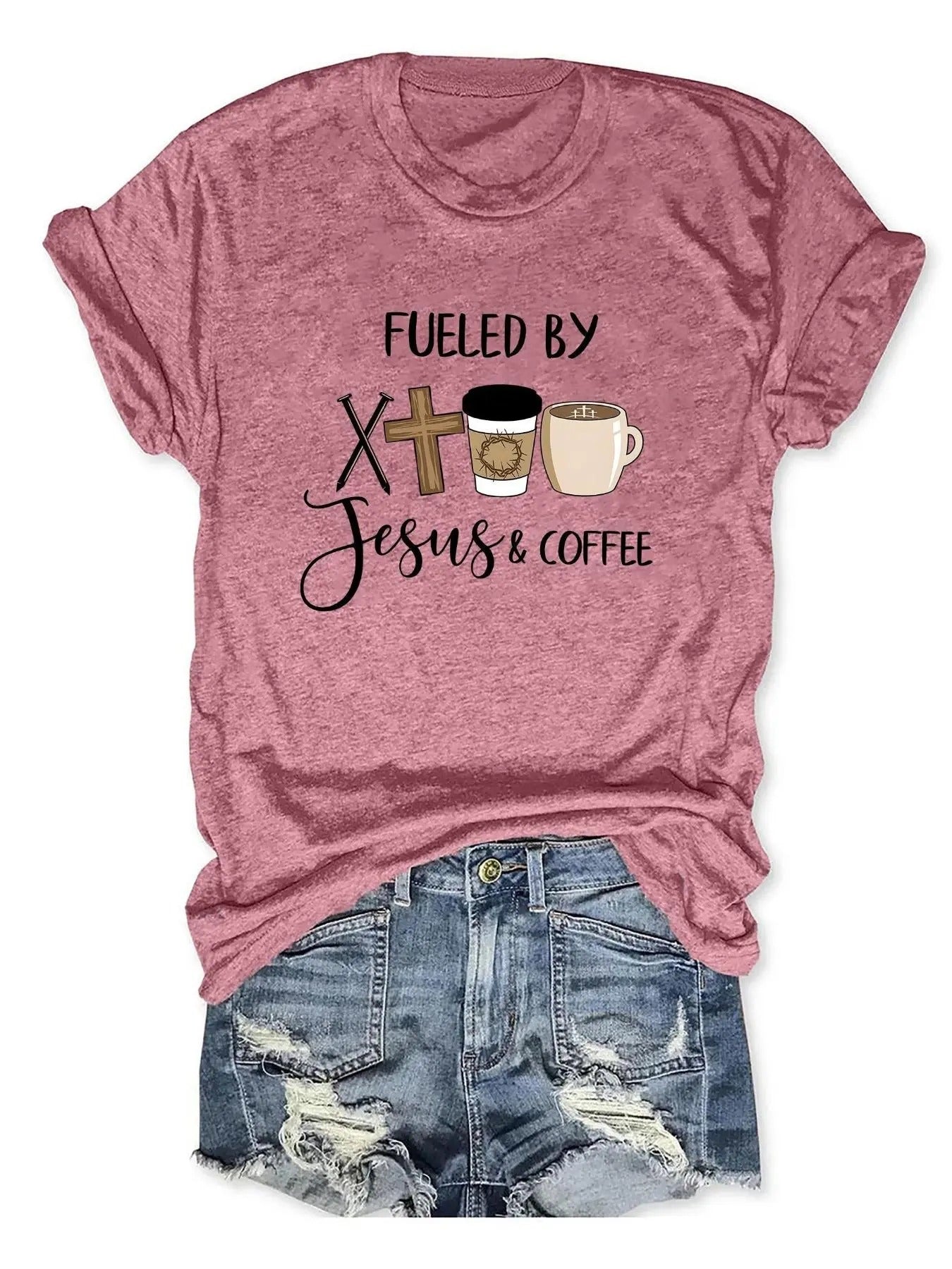 Women's Letter & Cartoon Coffee & Cross Print Round Neck Tee, Trendy Casual Short Sleeve Crew Neck T-Shirt for Daily...