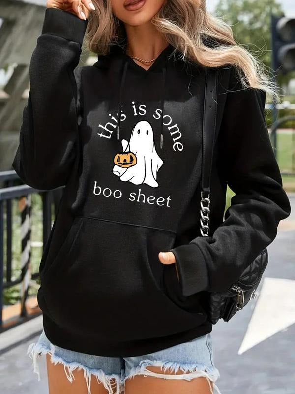 Women's Letter & Cartoon Ghost Print Drawstring Pocket Hoodie, Casual Drop Shoulder Long Sleeve Hooded Sweatshirt, Ladies...