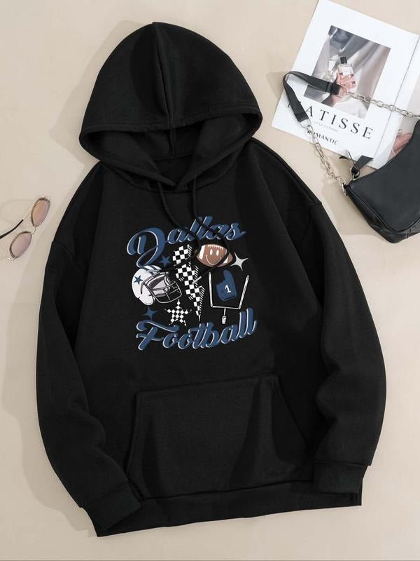 Women's Letter & Cartoon Print Drop Shoulder Hoodie, Fashion Casual Drawstring Pocket Hooded Sweatshirt for Daily Holiday...