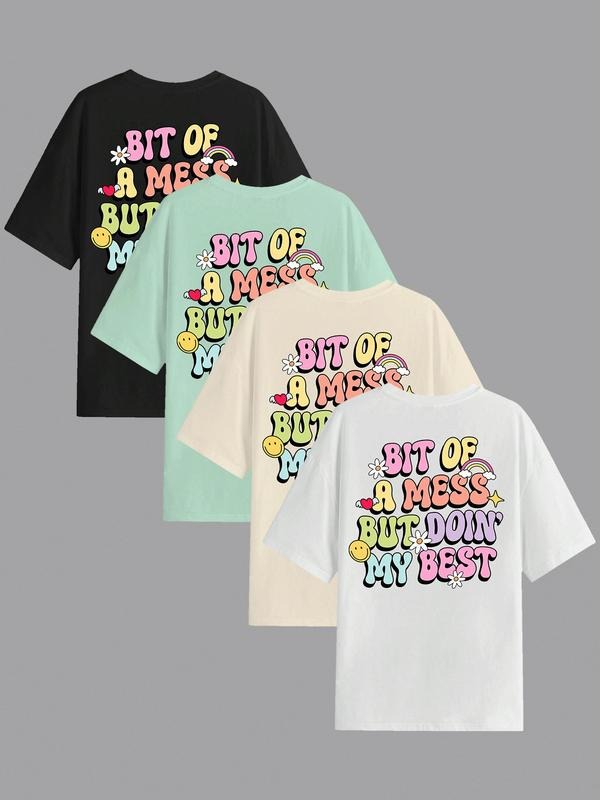Women's Letter & Cartoon Print Round Neck Tee, Fashion Casual Crew Neck Short Sleeve T-shirt for Daily Outdoor Wear,...