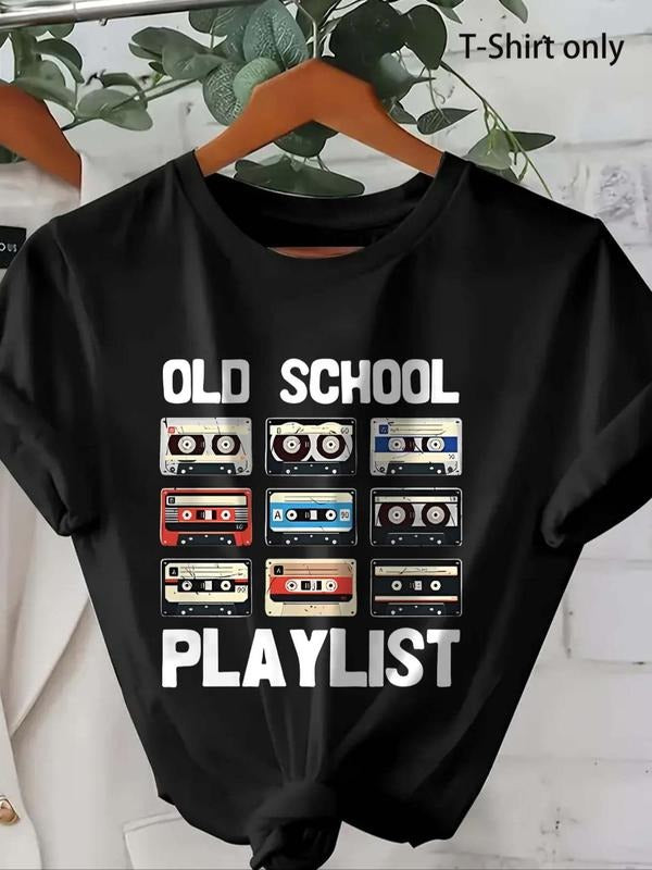 Women's Letter & Cassette Print Round Neck Tee, Casual Crew Neck Short Sleeve T-shirt for Summer, Ladies Clothes for...