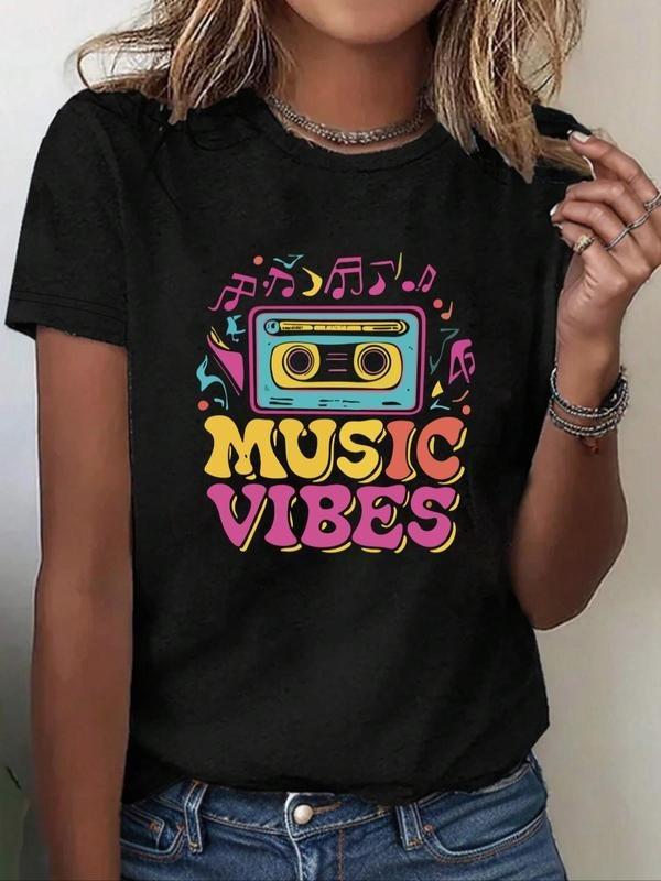 Women's Letter & Cassette Tape Print Round Neck Tee, Casual Note Print Short Sleeve T-shirt, Ladies Summer Outfit for...