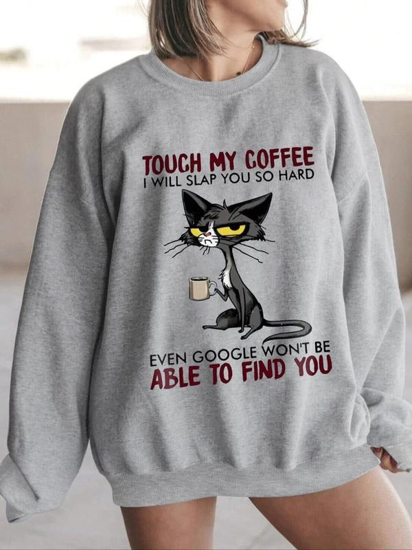 Women's Letter & Cat Print Crew Neck Sweatshirt, Casual Long Sleeve Pullover for Fall & Winter, Women's Clothes for Daily...