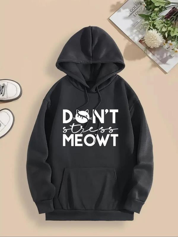Women's Letter & Cat Print Drop Shoulder Hoodie, Fashion Casual Drawstring Pocket Hooded Sweatshirt for Daily Holiday...