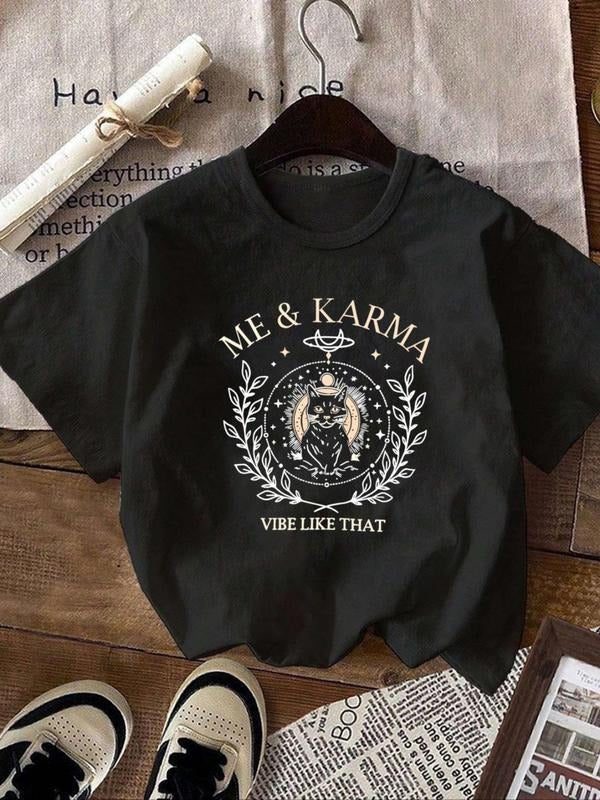 Women's Letter & Cat Print Round Neck Graphic Tee, Vintage Trendy Casual Short Sleeve T-shirt for Daily Wear, Ladies...