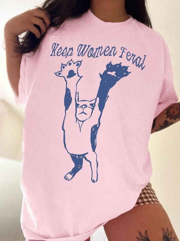 Women's Letter & Cat Print Round Neck Tee, Casual Short Sleeve Crew Neck T-Shirt for Summer, Fashion Women's Top for...