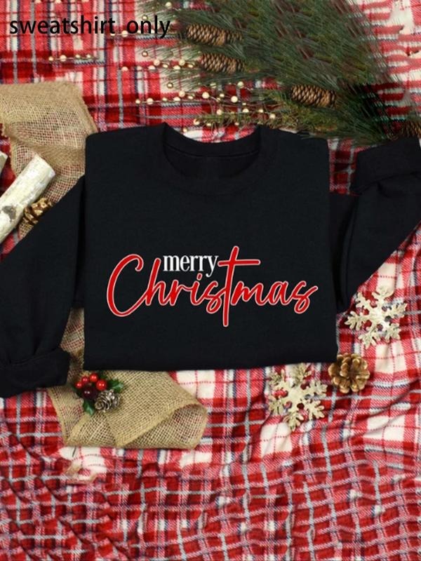Women's Letter & Christmas Print Drop Shoulder Sweatshirt, Casual Long Sleeve Round Neck Pullover for Fall & Winter,...